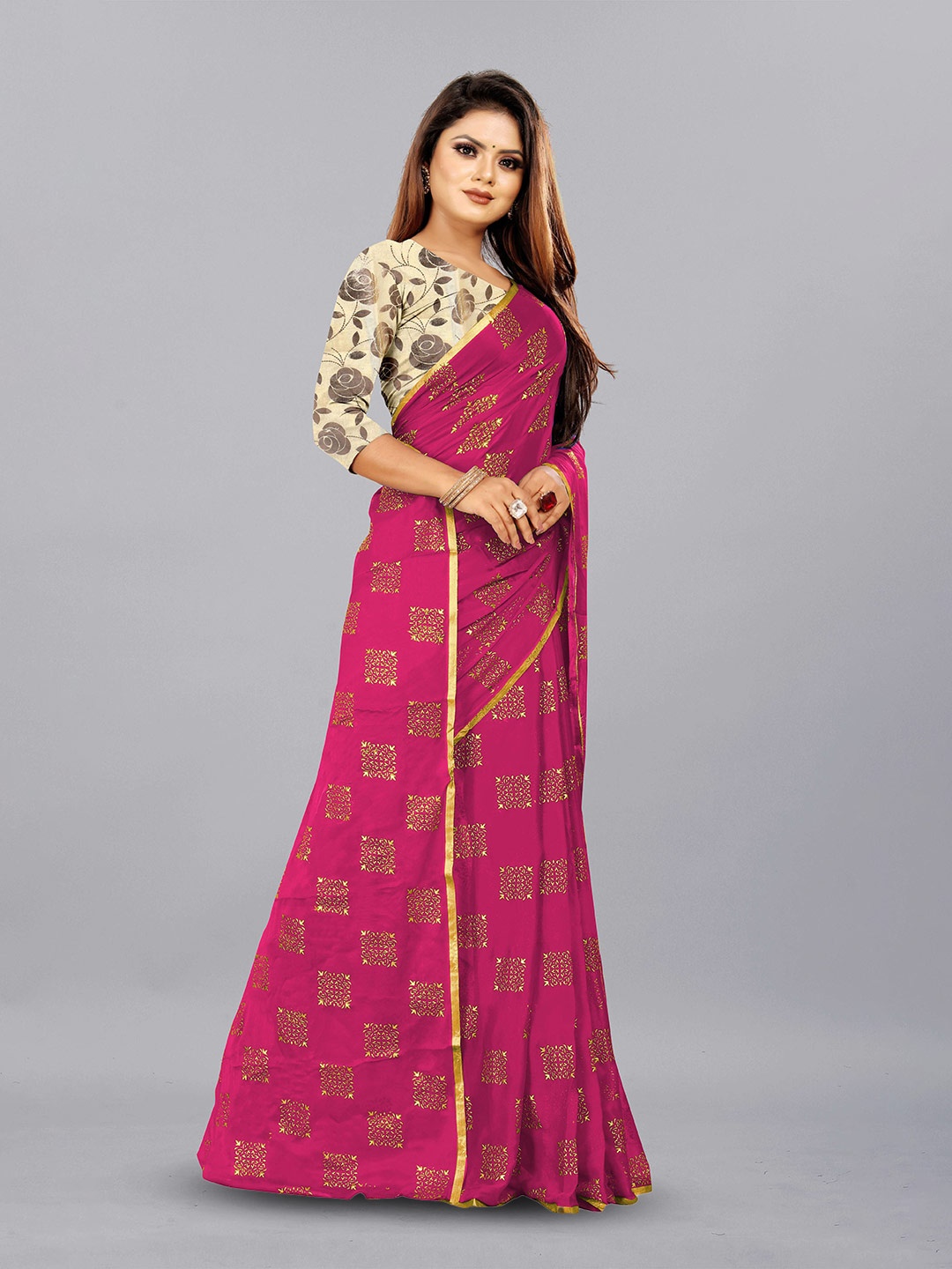 

Aardiva Ethnic Motifs Zari Pure Chiffon Saree, Pink