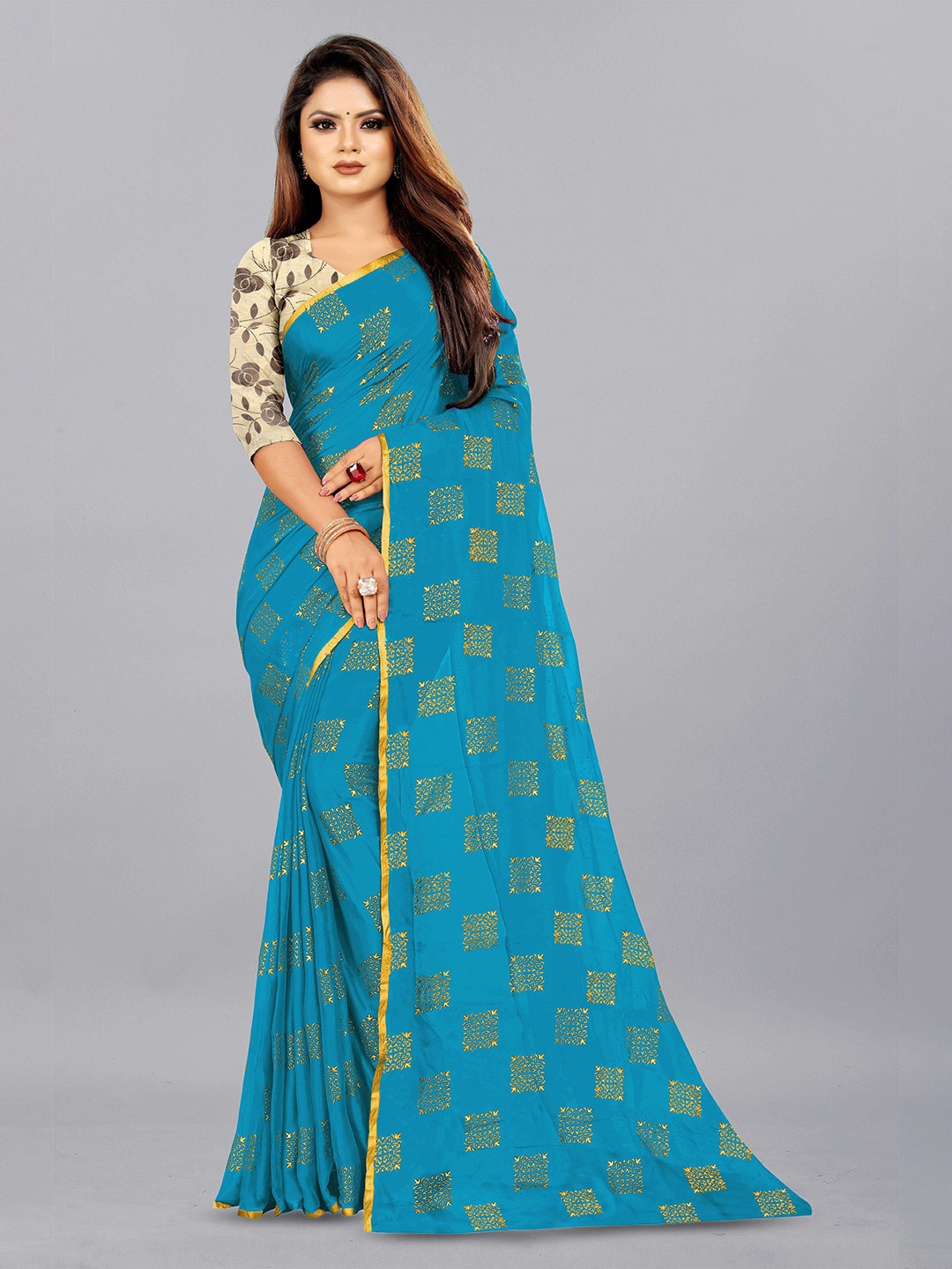 

Aardiva Ethnic Motifs Zari Pure Chiffon Saree, Turquoise blue