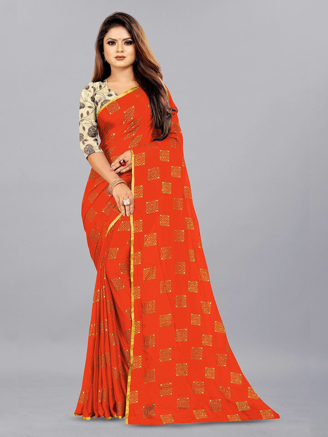 

Aardiva Ethnic Motifs Zari Pure Chiffon Saree, Orange