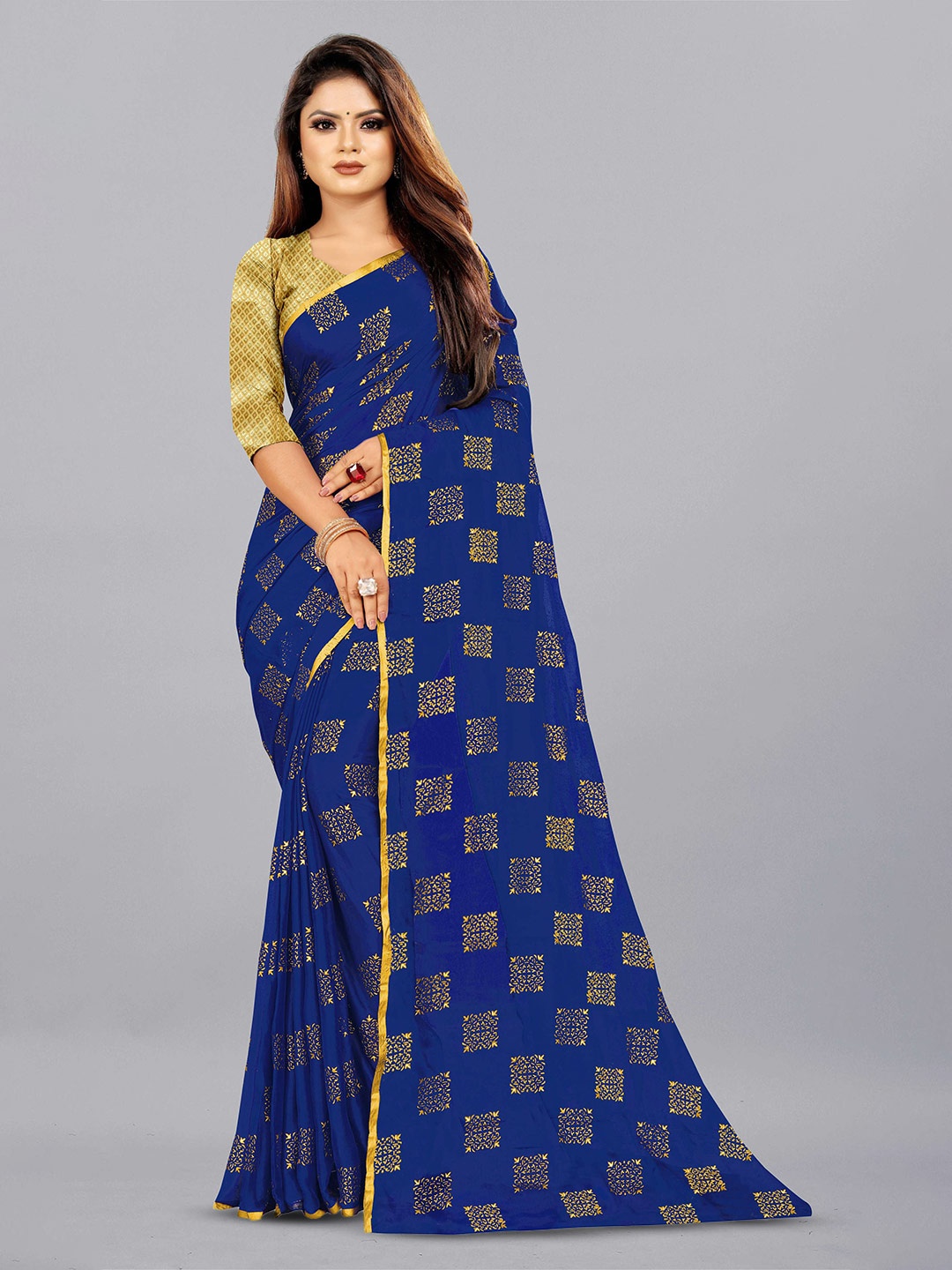 

Aardiva Ethnic Motifs Zari Pure Chiffon Saree, Navy blue