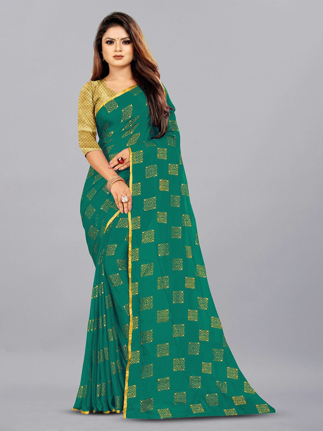 

Aardiva Ethnic Motifs Zari Pure Chiffon Saree, Teal