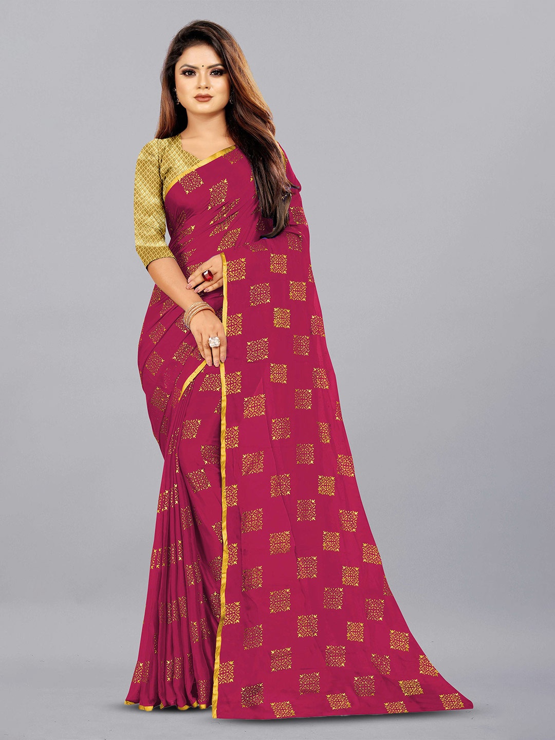 

Aardiva Ethnic Motifs Zari Pure Chiffon Saree, Pink