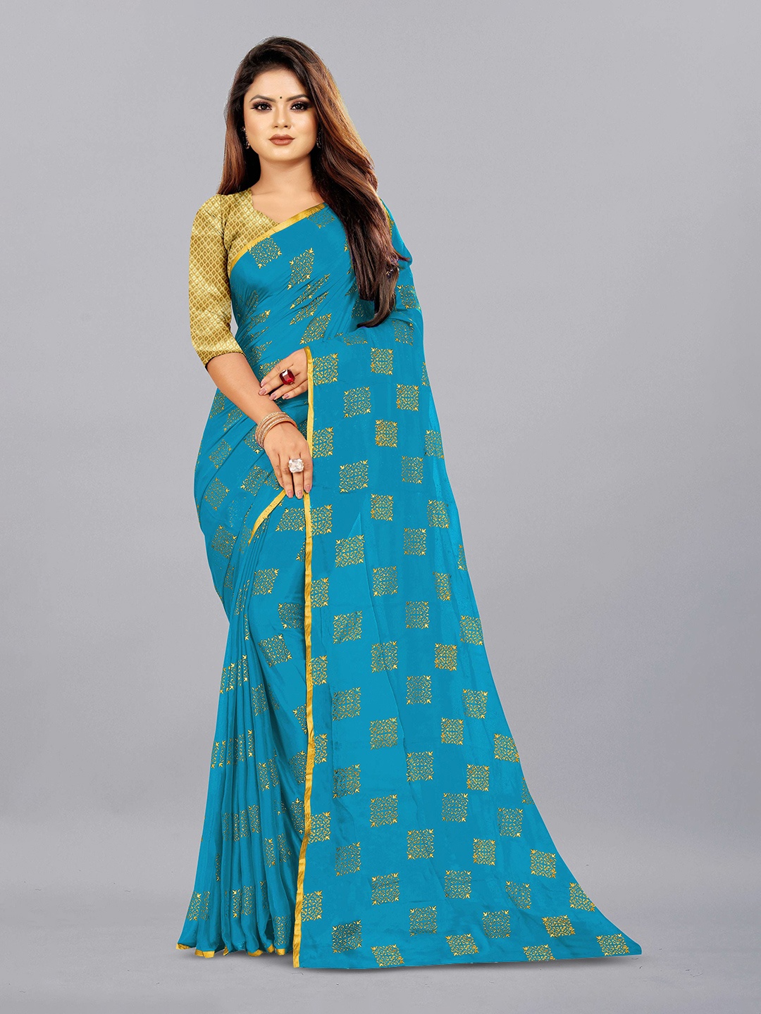 

Aardiva Ethnic Motifs Pure Chiffon Saree, Turquoise blue