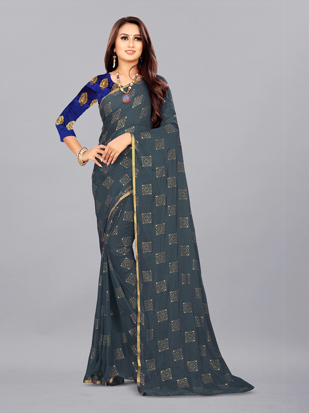 

Aardiva Ethnic Motifs Zari Pure Chiffon Saree, Grey