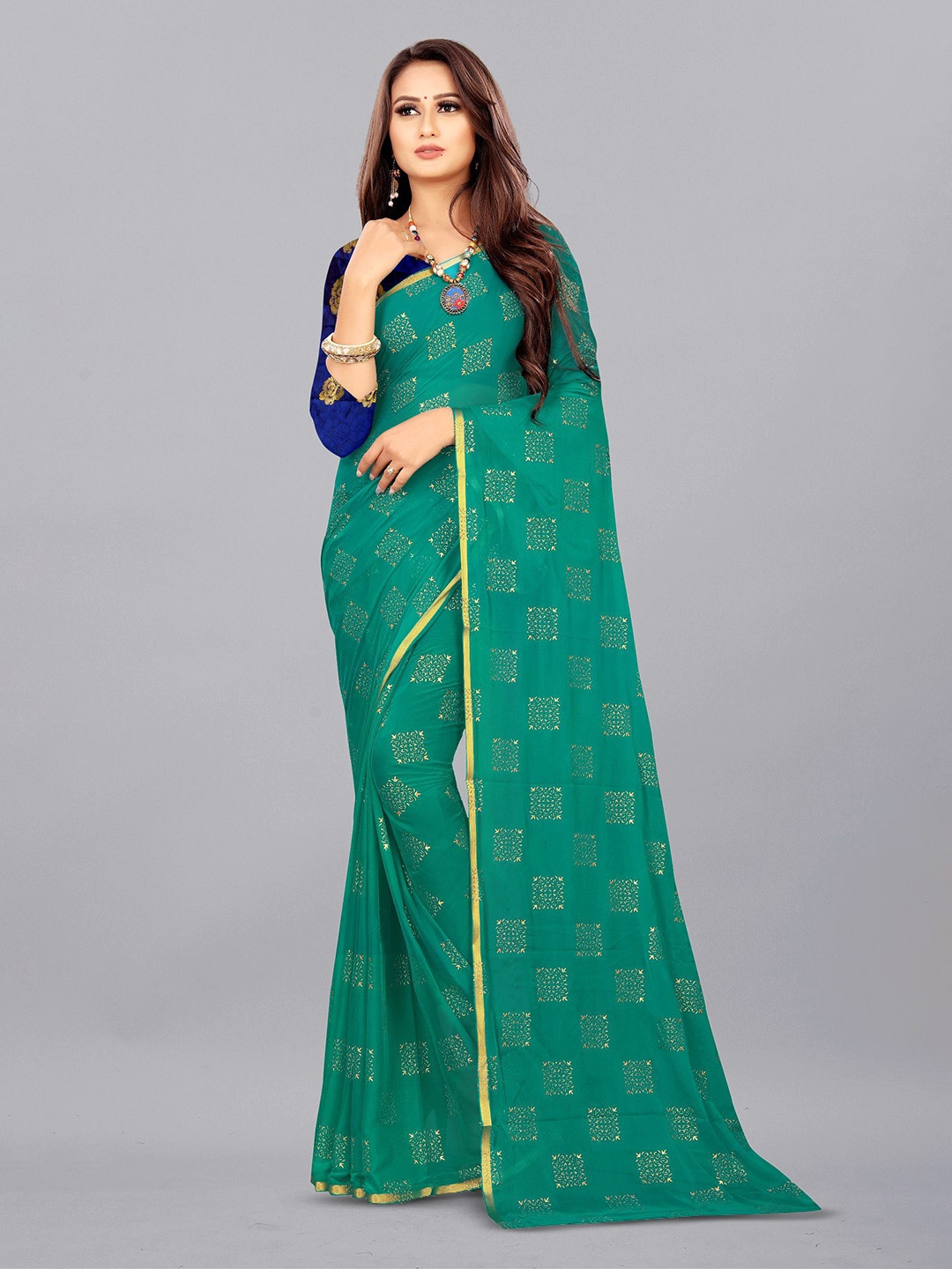 

Aardiva Ethnic Motifs Pure Chiffon Saree, Teal