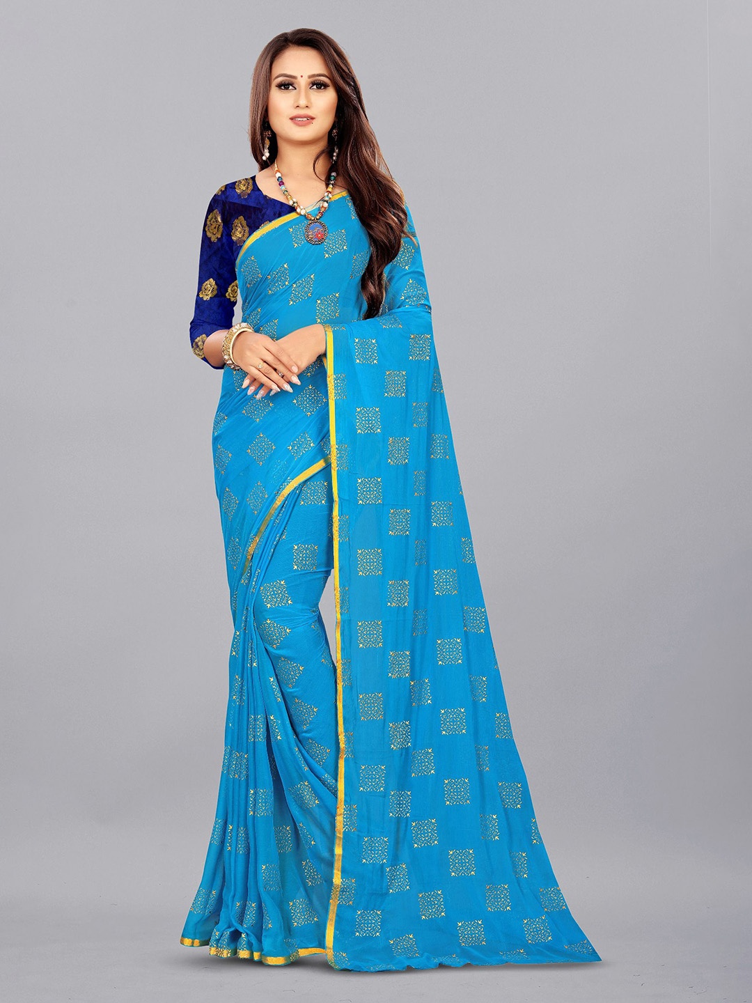 

Aardiva Ethnic Motifs Zari Pure Chiffon Saree, Turquoise blue