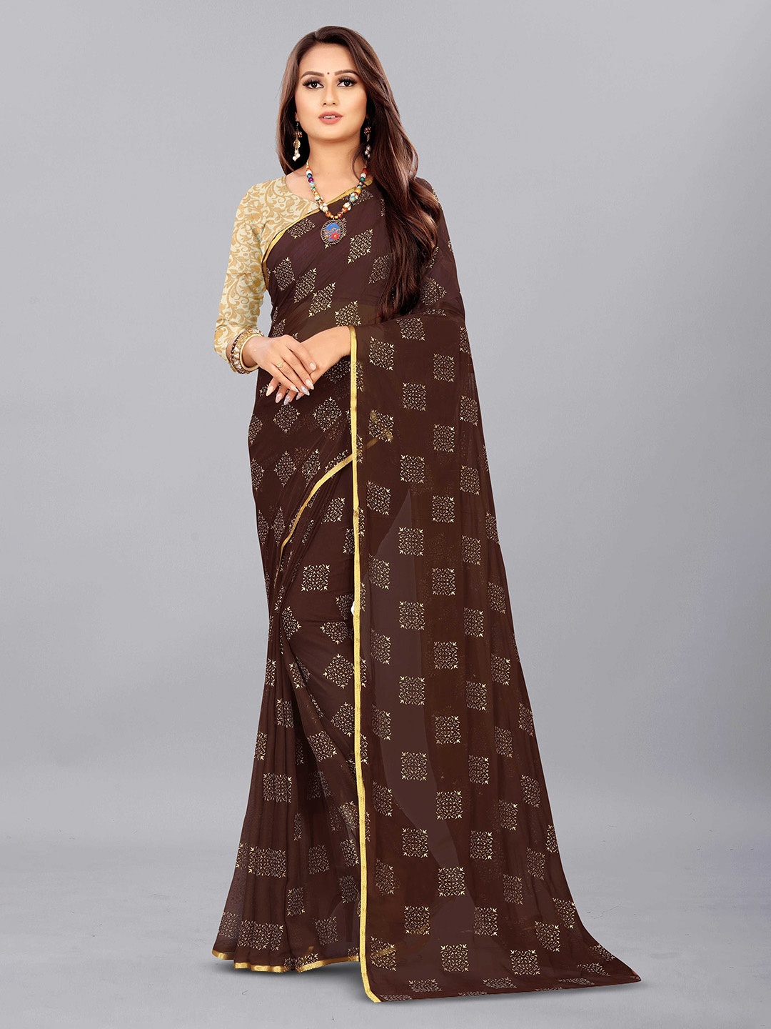 

Aardiva Ethnic Motifs Zari Pure Chiffon Saree, Brown