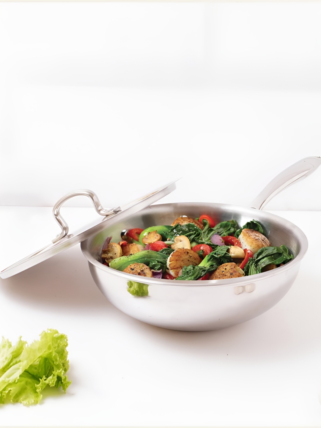

The Indus Valley Silver-Toned Stainless Steel Induction Base Kadhai With Lid