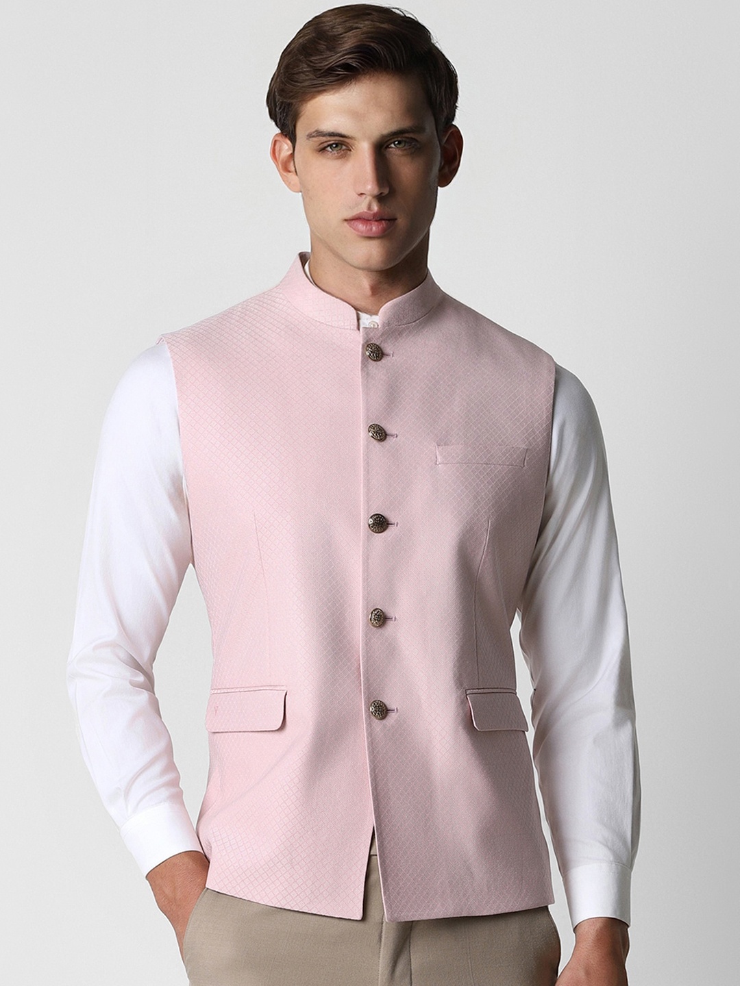 

Van Heusen Checked Nehru Jacket, Pink