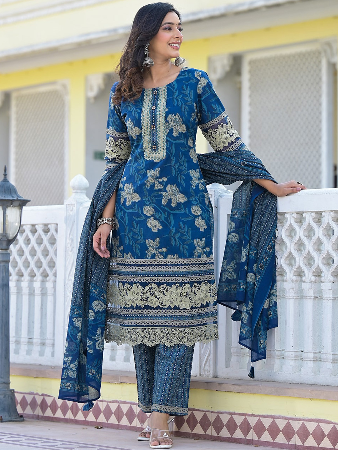 

Yufta Navy Blue Floral Printed Pure Cotton Pakistani Style Kurta With Trousers & Dupatta