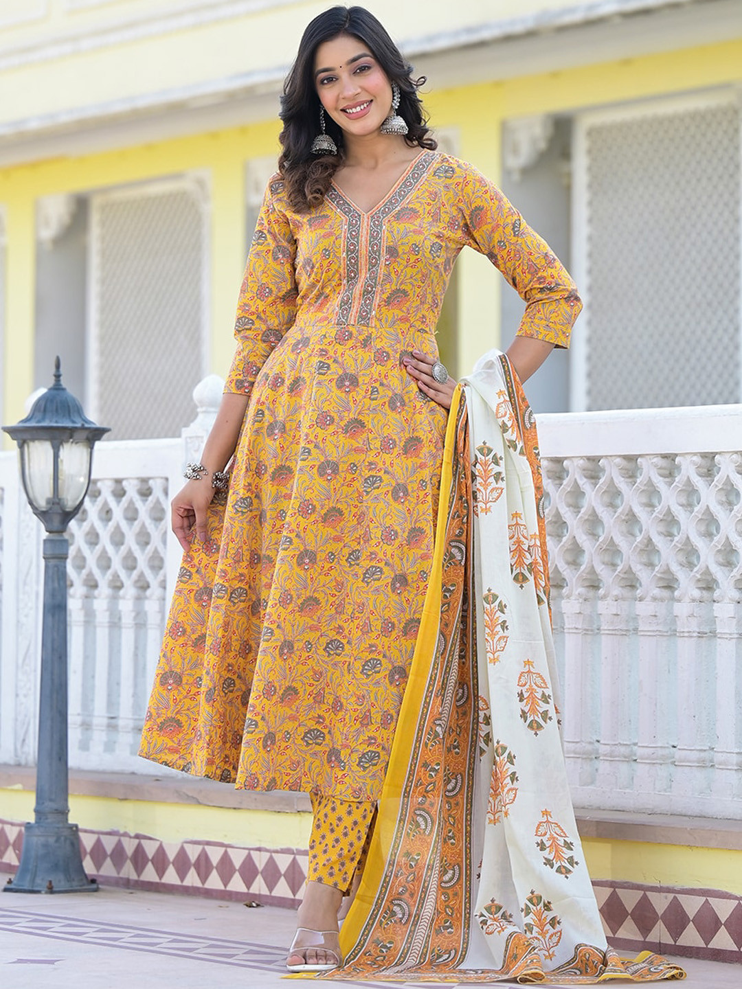 

Yufta Mustard Yellow Printed Thread Work Cotton Anarkali Kurta With Trousers & Dupatta