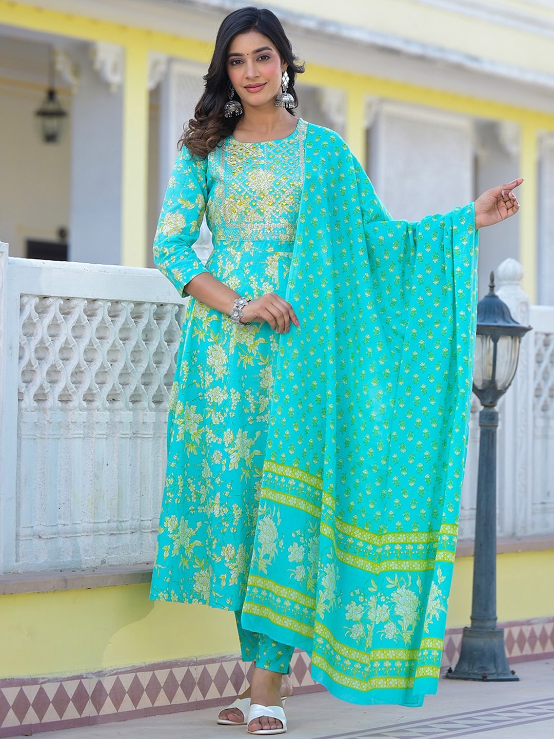 

Yufta Sea Green Floral Printed Zari Pure Cotton Anarkali Kurta With Trousers & Dupatta