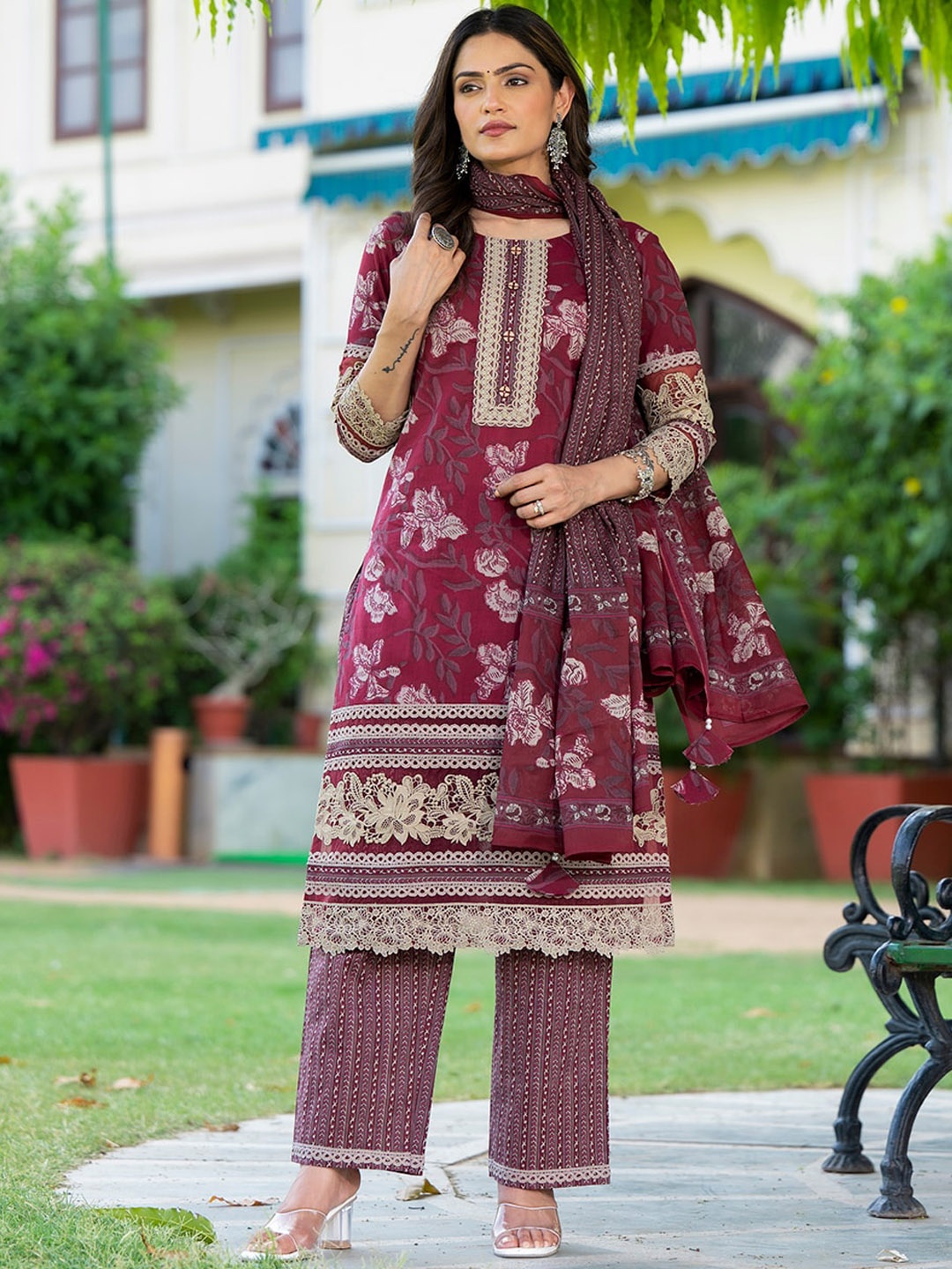 

Yufta Maroon Floral Printed Gotta Patti Pure Cotton Straight Kurta With Trousers & Dupatta