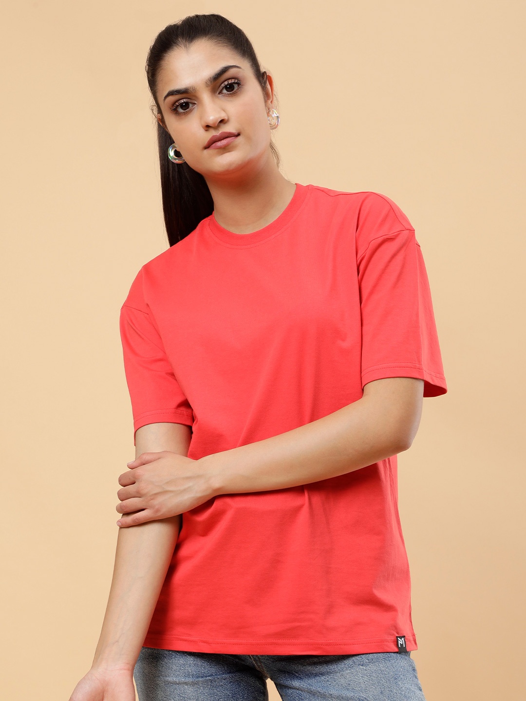 

PockMAN Round Neck Drop Shoulder Cotton Oversized T-shirt, Red