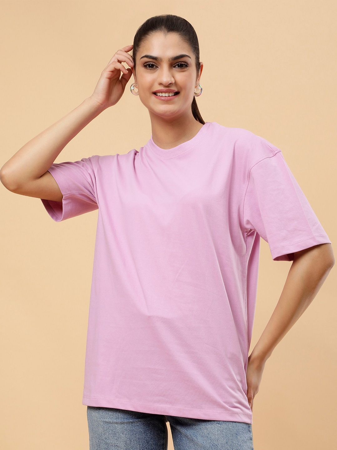 

PockMAN Women Round Neck Drop Shoulder Cotton Oversized T-shirt, Lavender