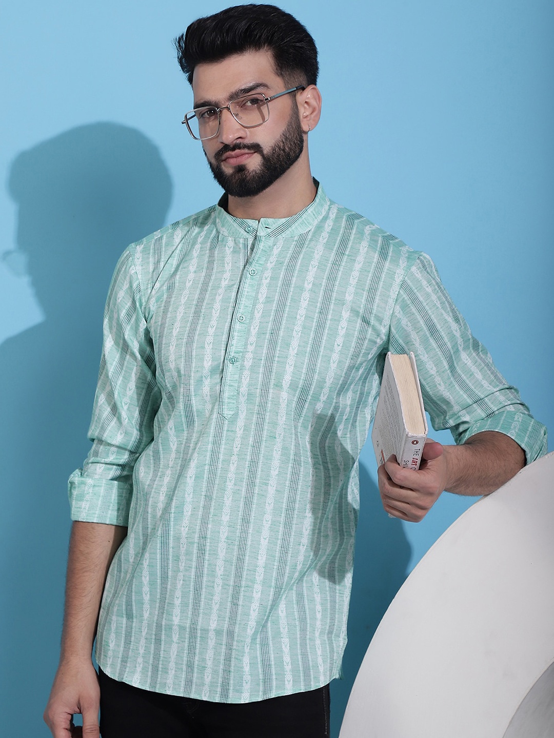 

Anouk Green Striped Band Collar Pure Cotton Straight Kurta