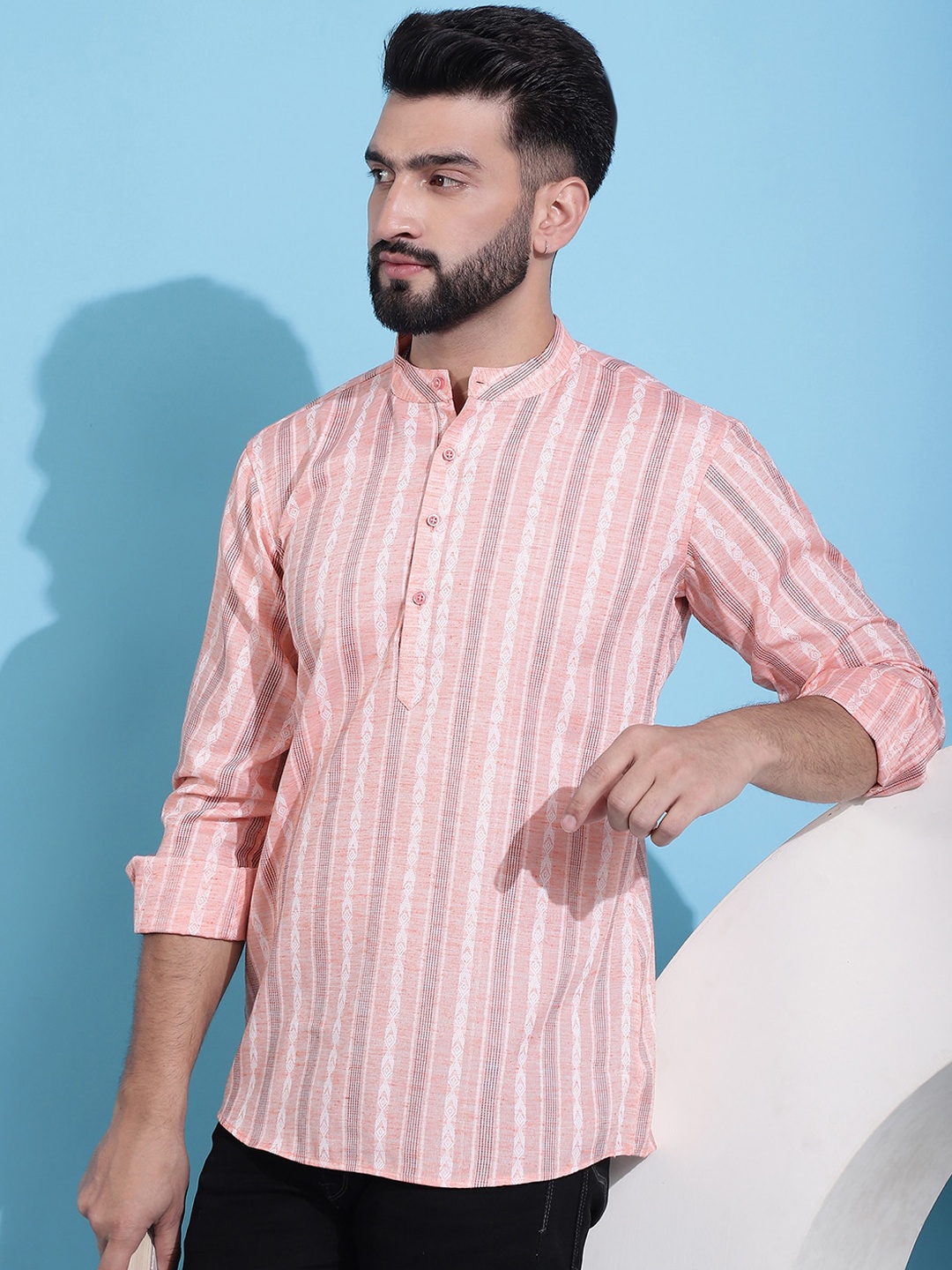 

Anouk Coral-Coloured Striped Band Collar Pure Cotton Straight Kurta