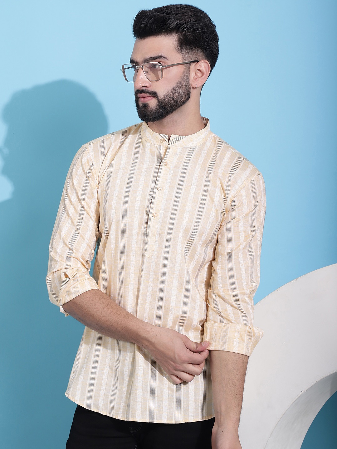 

Anouk Yellow Striped Band Collar Pure Cotton Straight Short Kurta
