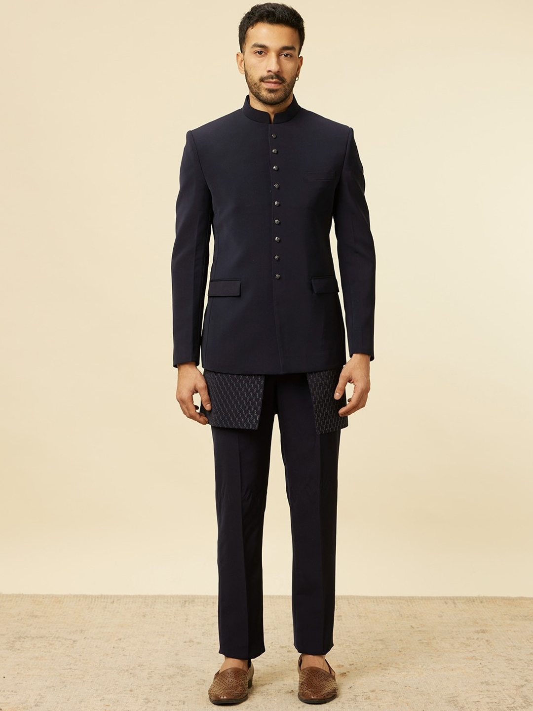 

Manyavar Embroidered Mandarin Collar Silk Sherwani Set, Blue