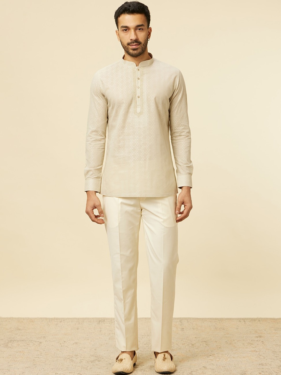 

Manyavar Woven Design Mandarin Collar Straight Kurta, Beige
