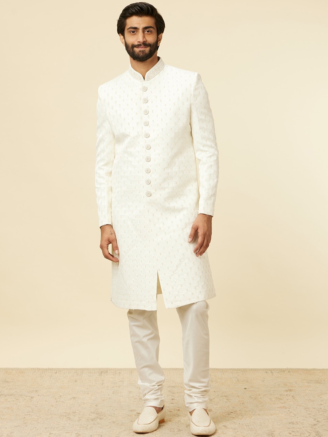 

Manyavar Embroidered Cotton Sherwani Set, White