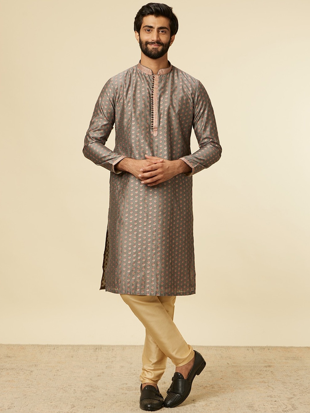 

Manyavar Floral Woven Design Mandarin Collar Straight Kurta with Pyjamas, Grey