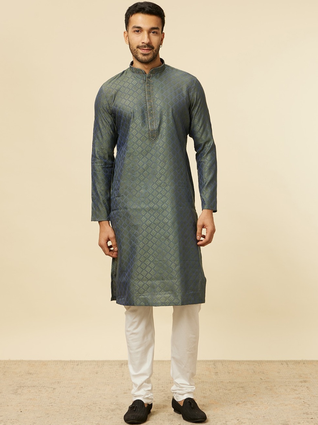 

Manyavar Floral Woven Design Mandarin Collar Straight Kurta with Pyjamas, Green