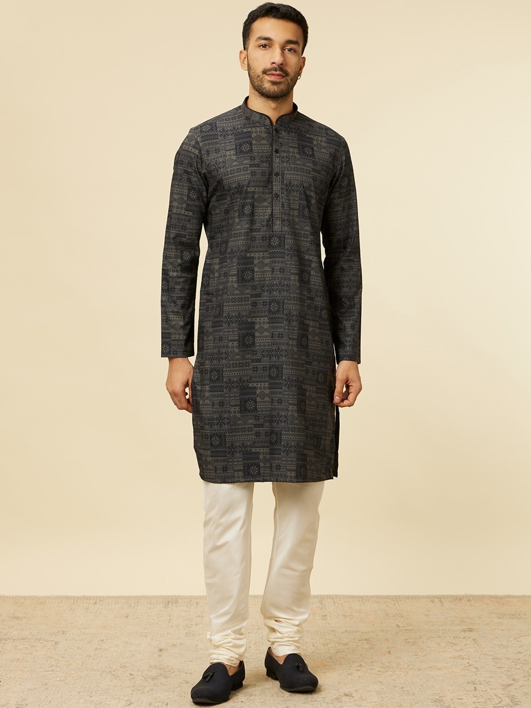 

Manyavar Ethnic Motifs Printed Band Collar Straight Kurta, Grey