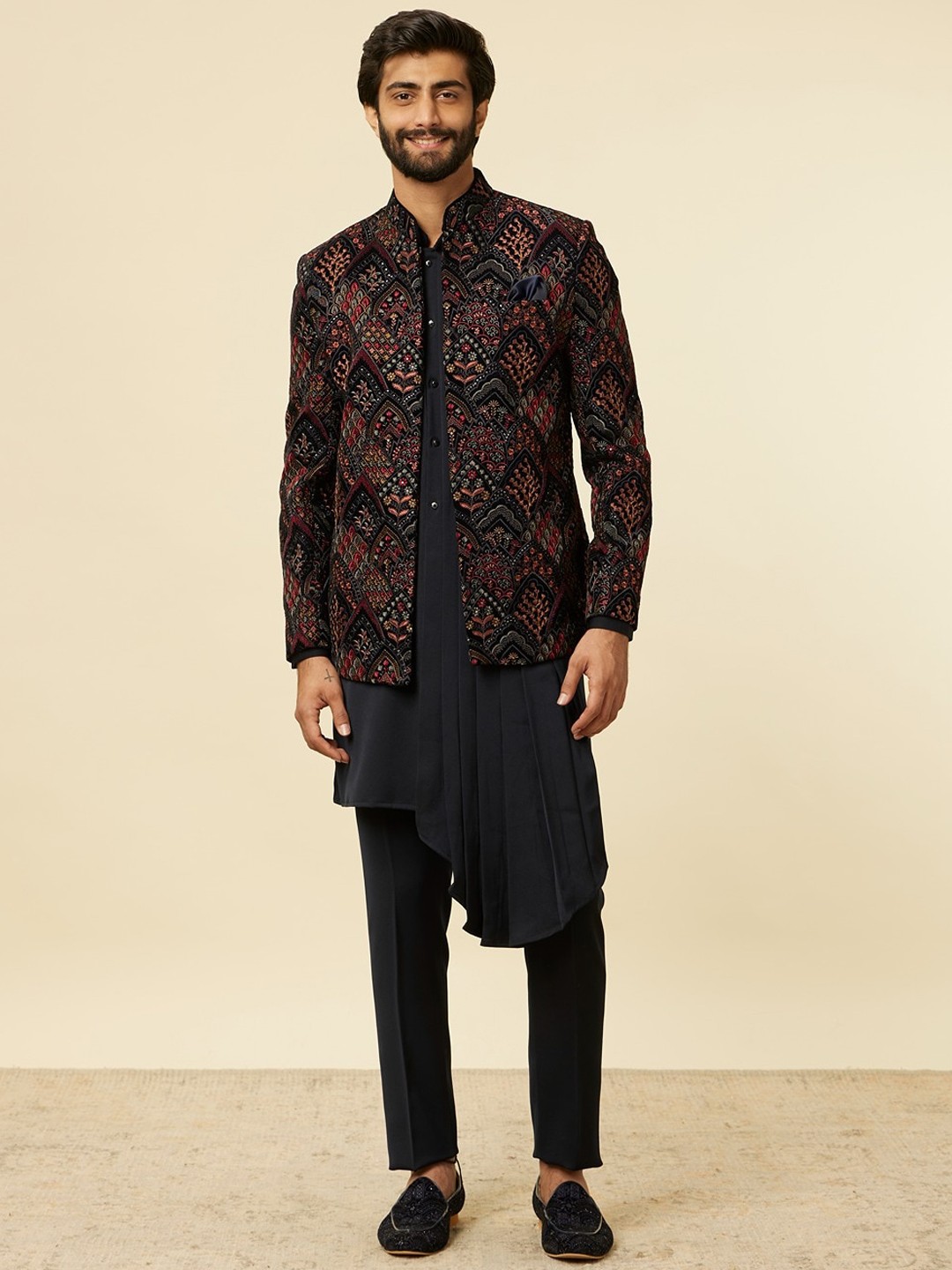 

Manyavar Self-Design Mandarin Collar Sherwani Set, Blue