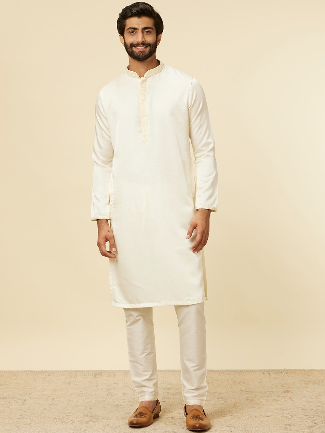 

Manyavar Thread Work Kurta with Pyjamas, White