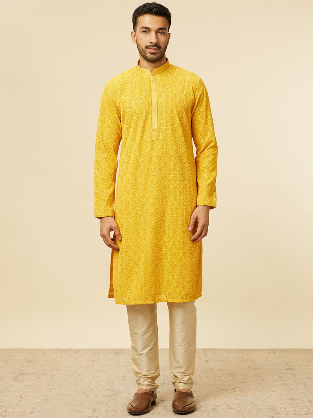 Manyavar Geometric Embroidered Sequinned Kurta with Churidar, Mustard