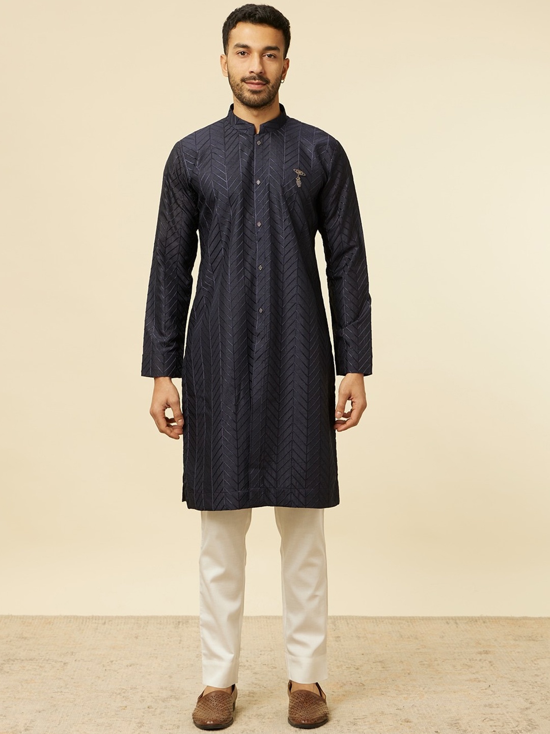 

Manyavar Striped Embroidery Mandarin Collar Straight Kurta, Blue