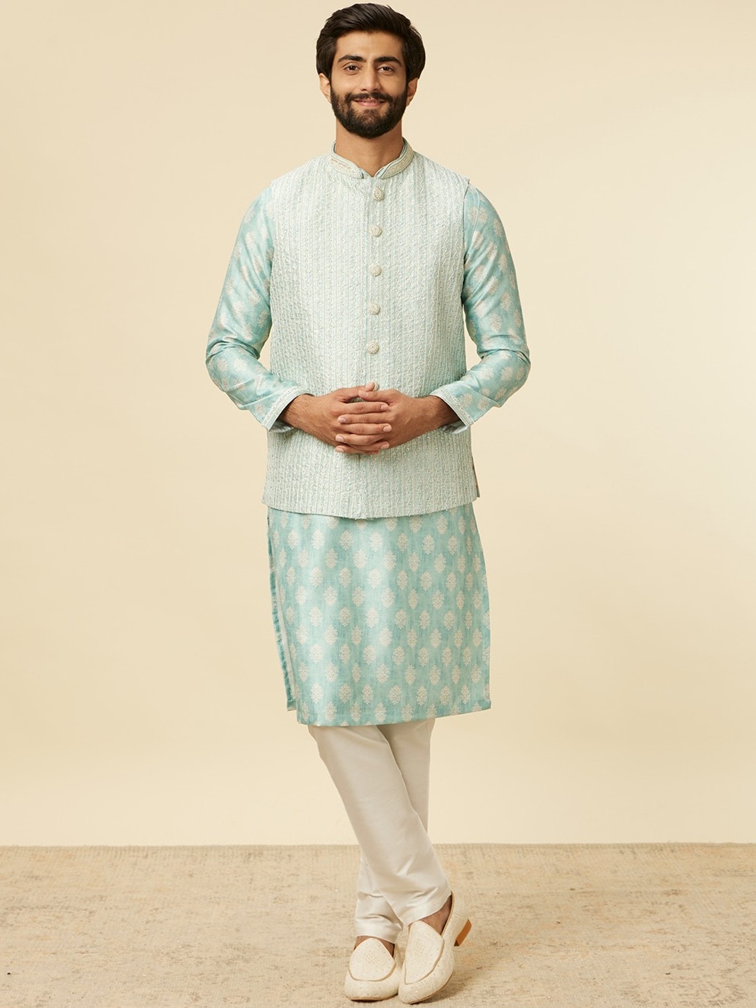

Manyavar Men Regular Kurta and Pyjama with Jacket, Green