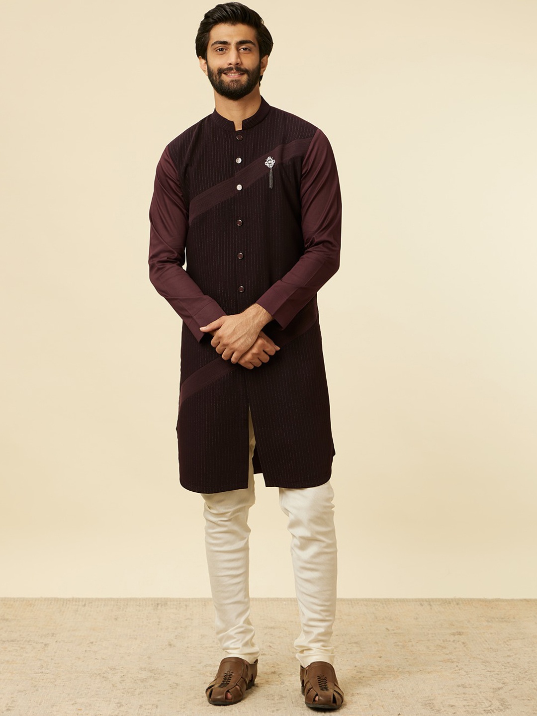 

Manyavar Striped Mandarin Collar Straight Kurta, Purple
