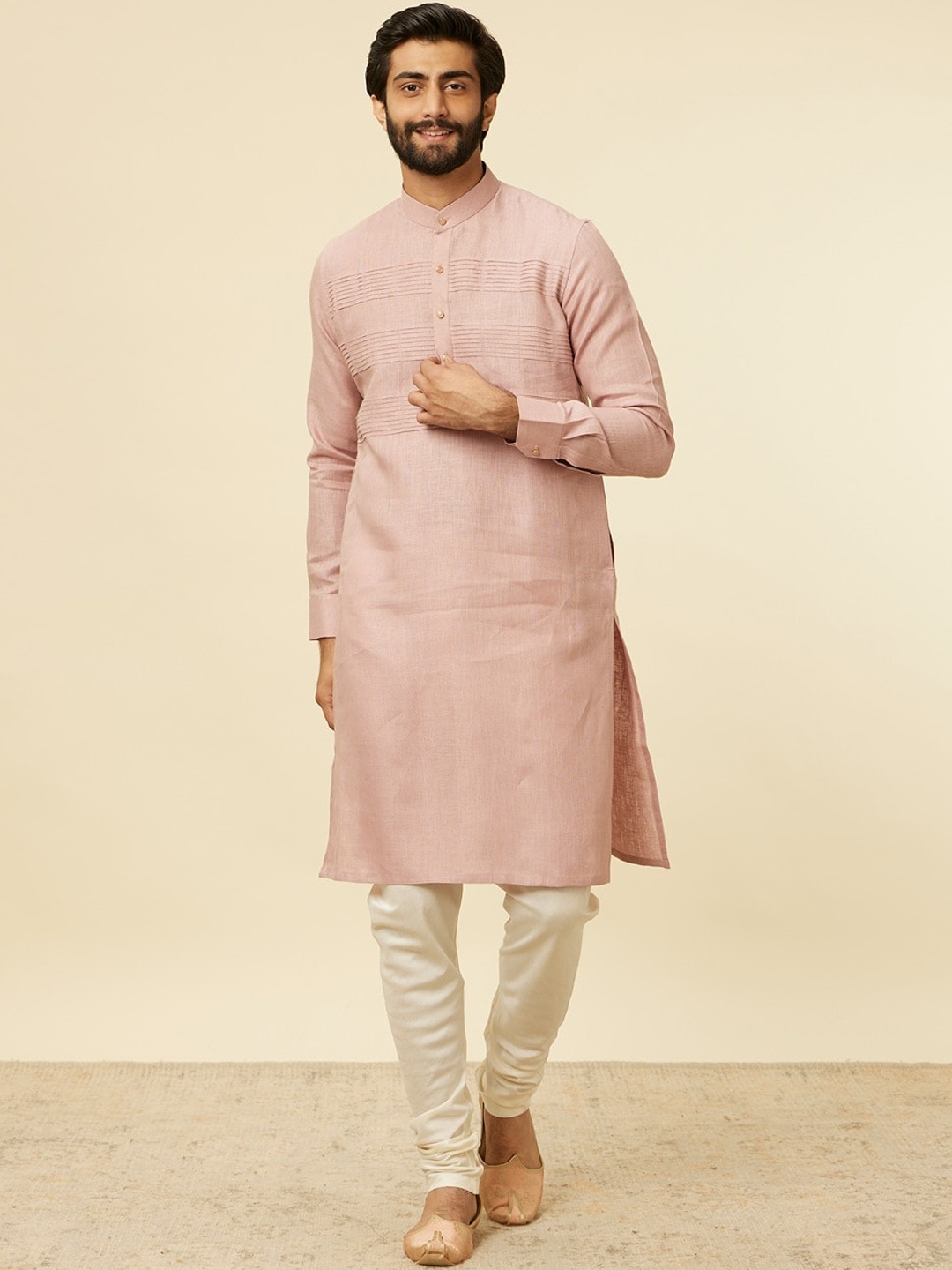 

Manyavar Band Collar Straight Linen Kurta, Pink