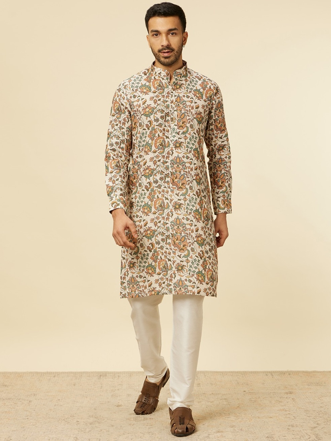 

Manyavar Floral Printed Band Collar Linen Straight Kurta, Beige