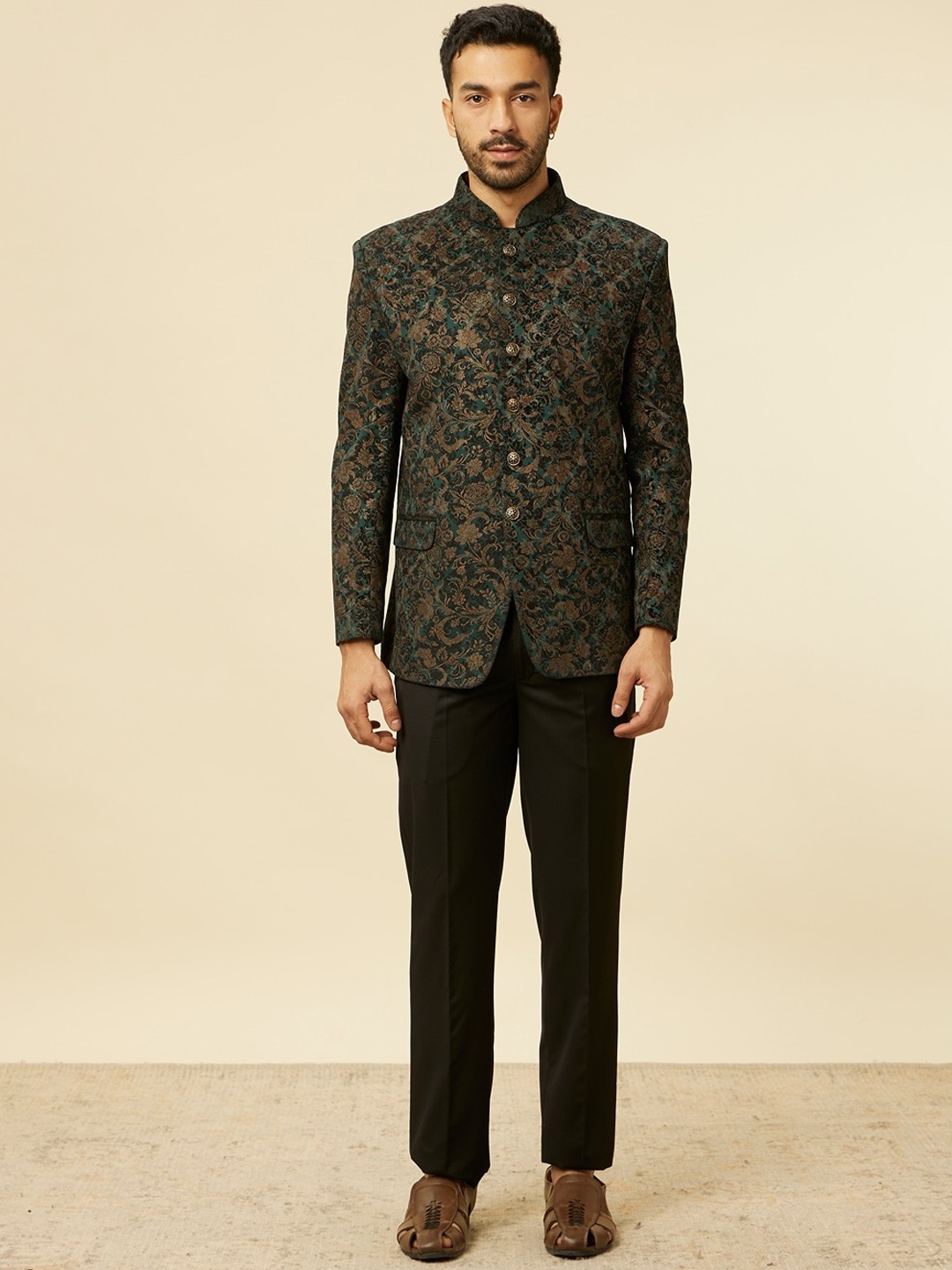 

Manyavar Printed Bandhgala Blazer Two-Piece Suit, Green