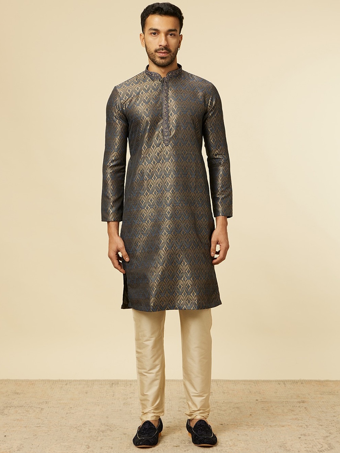 

Manyavar Geometric Woven Design Mandarin Collar Straight Kurta with Pyjamas, Blue
