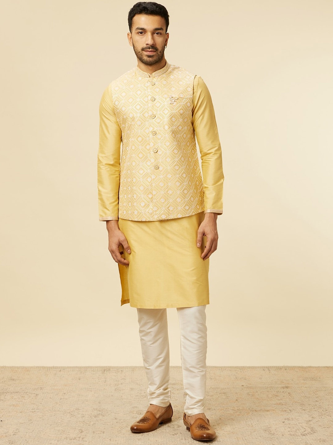 

Manyavar Men Regular Kurta and Pyjamas with Jacket, Yellow