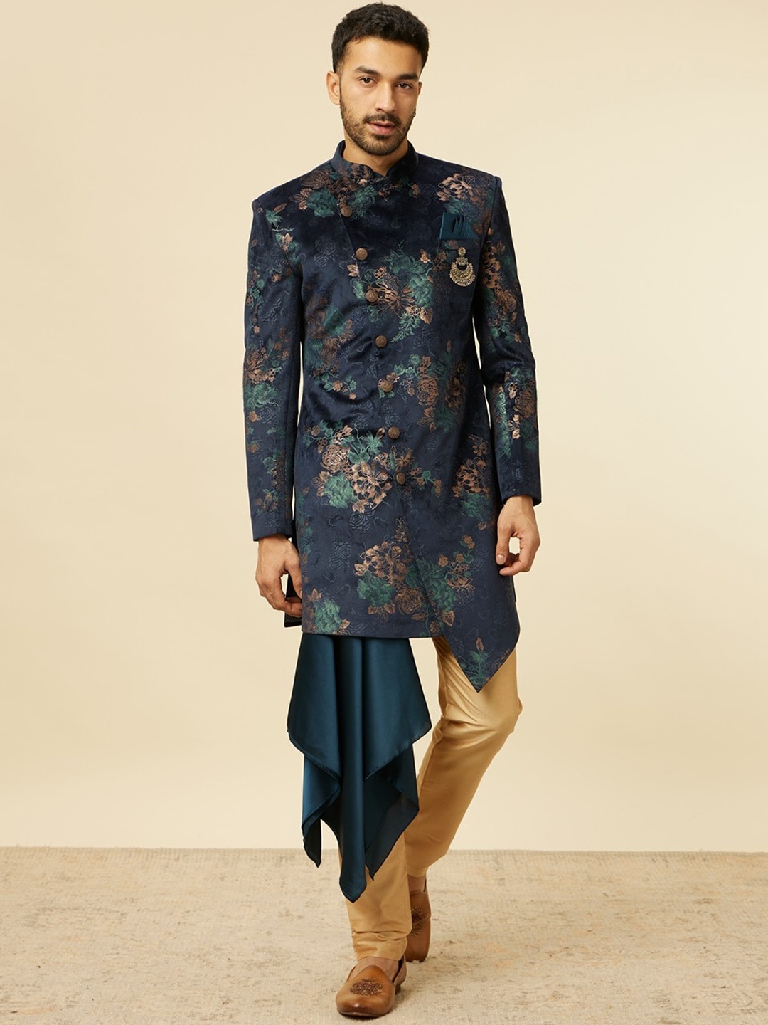 

Manyavar Printed Mandarin Collar Sherwani, Blue