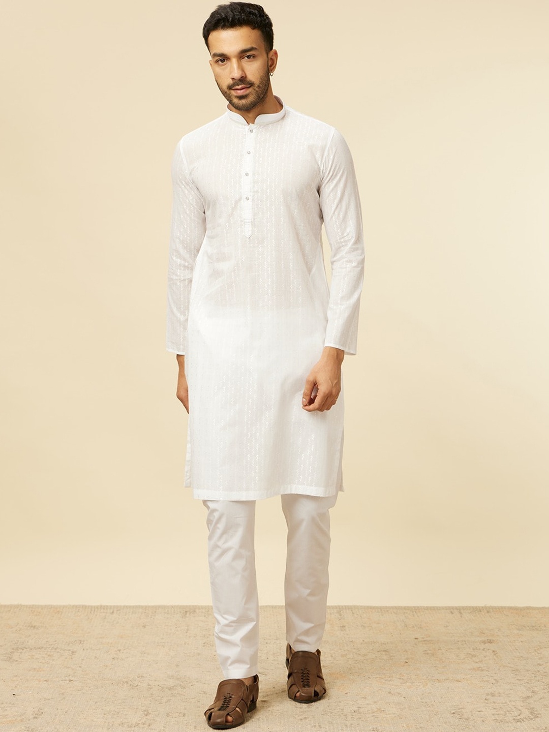 

Manyavar Floral Woven Design Kurta with Pyjamas, White