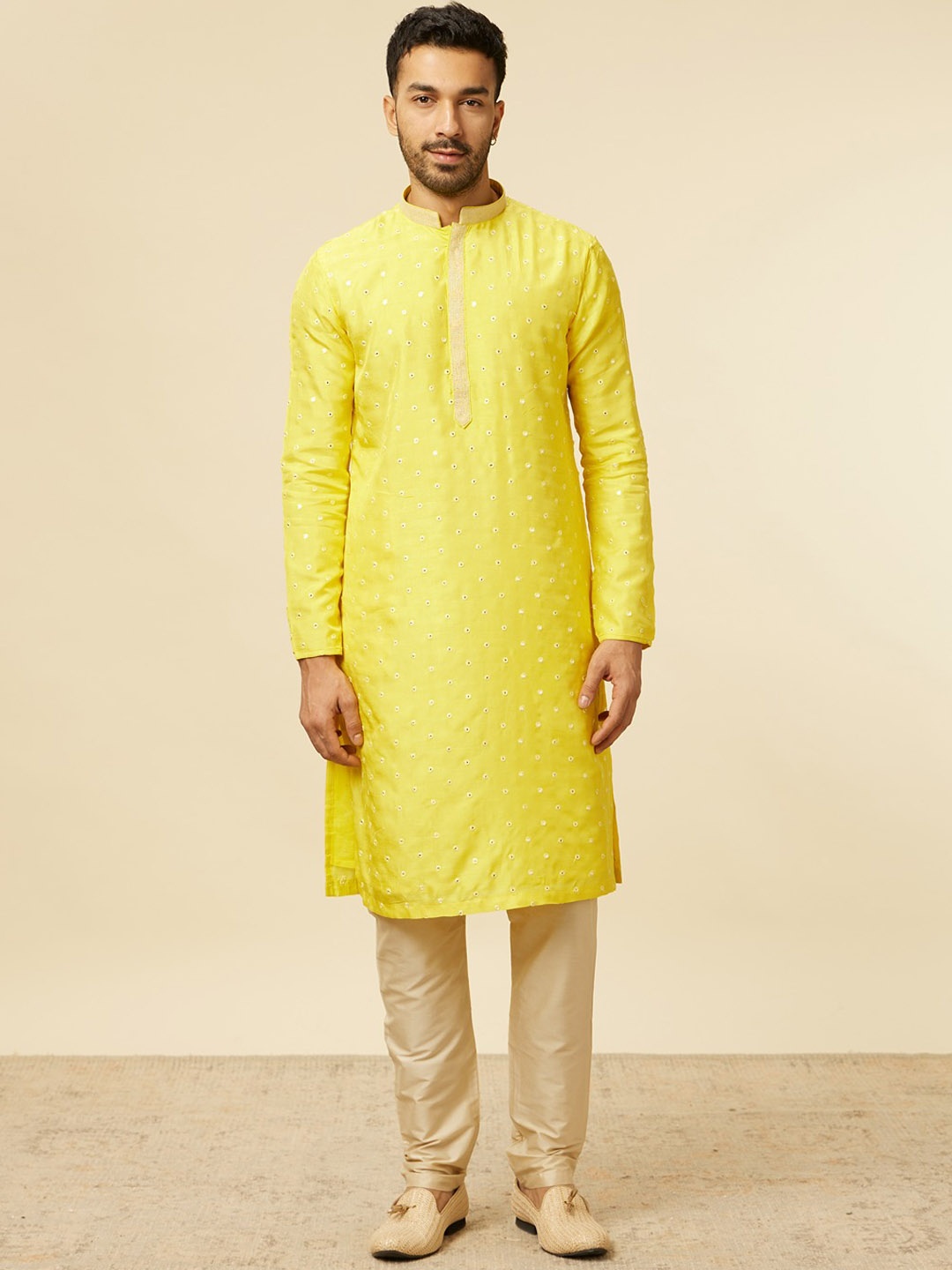 

Manyavar Geometric Embroidered Mandarin Collar Mirror Work Kurta with Pyjamas, Yellow