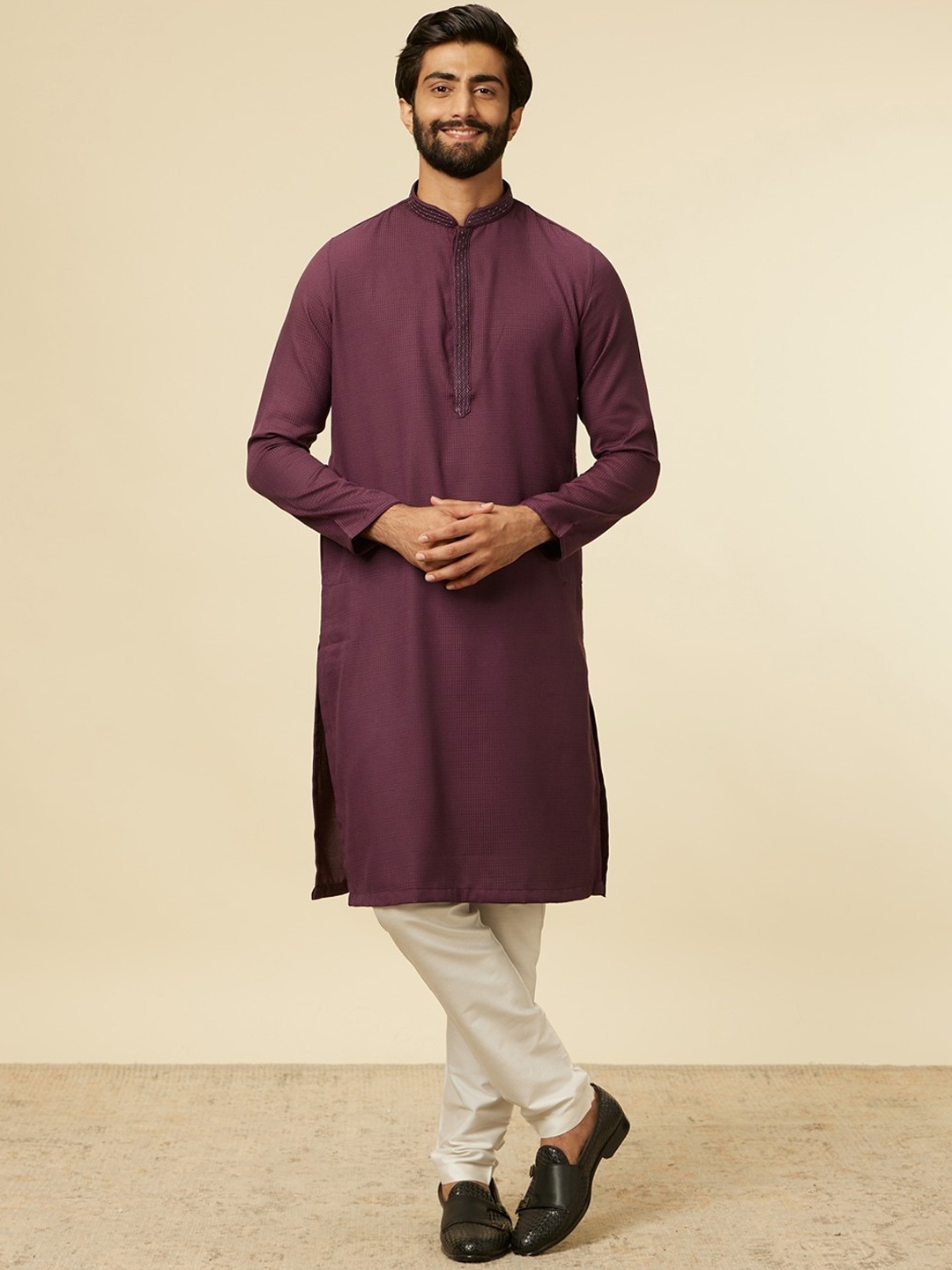 

Manyavar Mandarin Collar Straight Kurta with Pyjamas, Purple