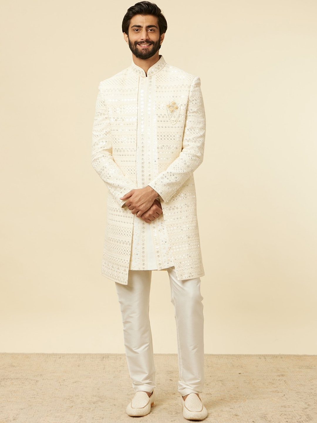 

Manyavar Embroidered Mandarin Collar Sherwani Set, Cream