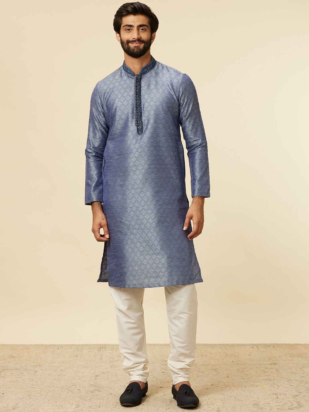 

Manyavar Ethnic Motifs Woven Design Mandarin Collar Straight Kurta with Pyjamas, Blue