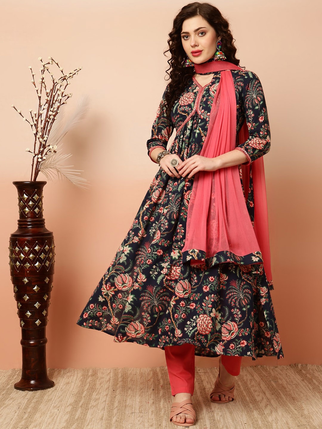 

GULMOHAR JAIPUR Floral Printed Empire Flared Mirror Work Pure Cotton Anarkali Kurta Set, Navy blue