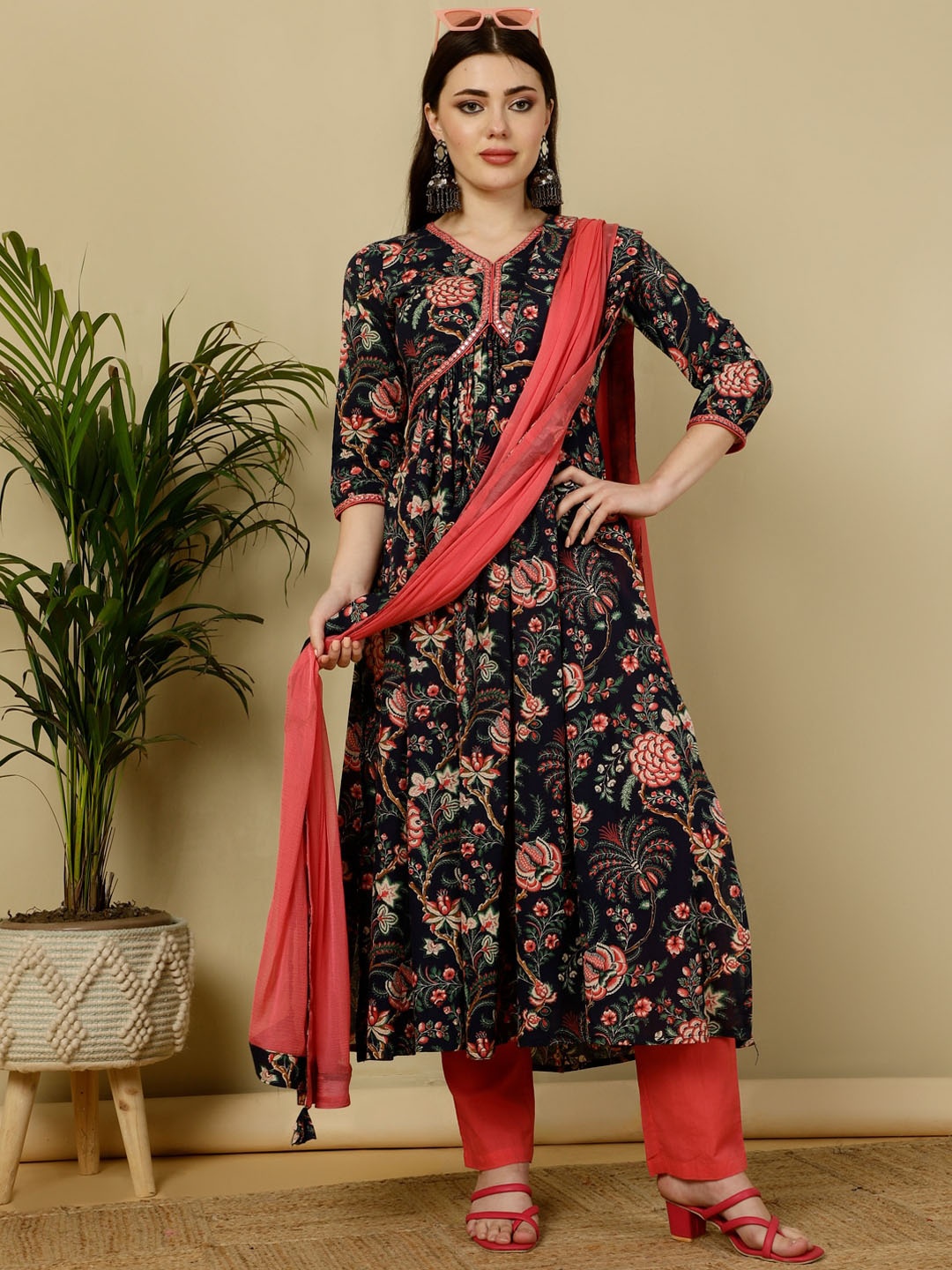 

GULMOHAR JAIPUR Floral Printed Regular Pure Cotton Anarkali Kurta With Trousers & Dupatta, Blue