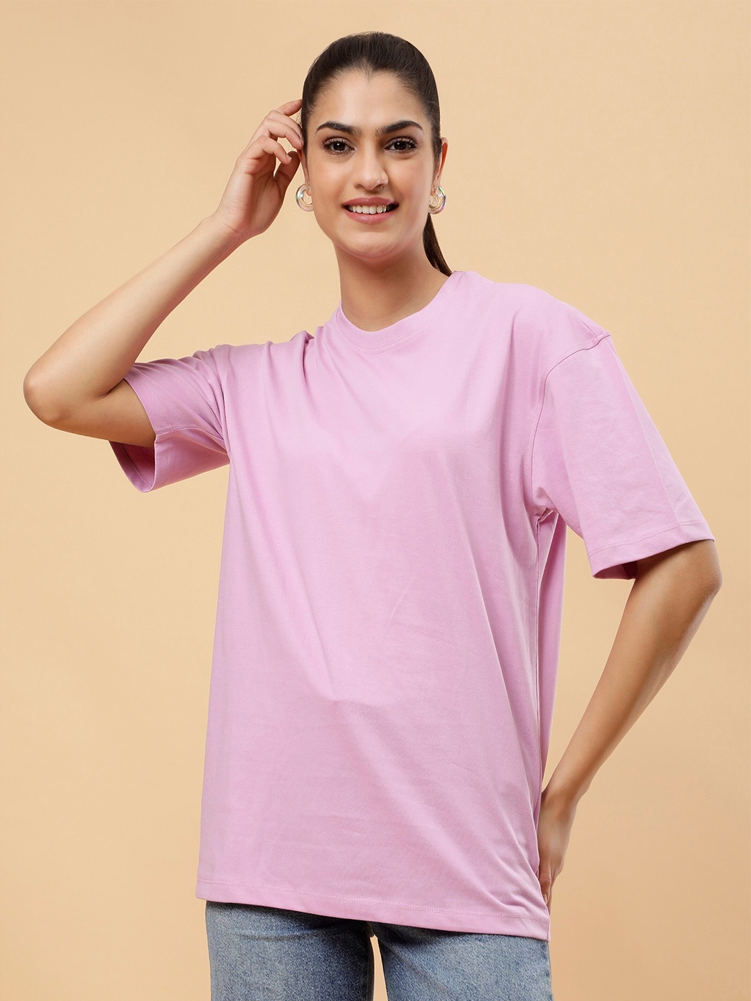 

PockMAN Women Round Neck Drop Shoulder Cotton Oversized T-shirt, Lavender
