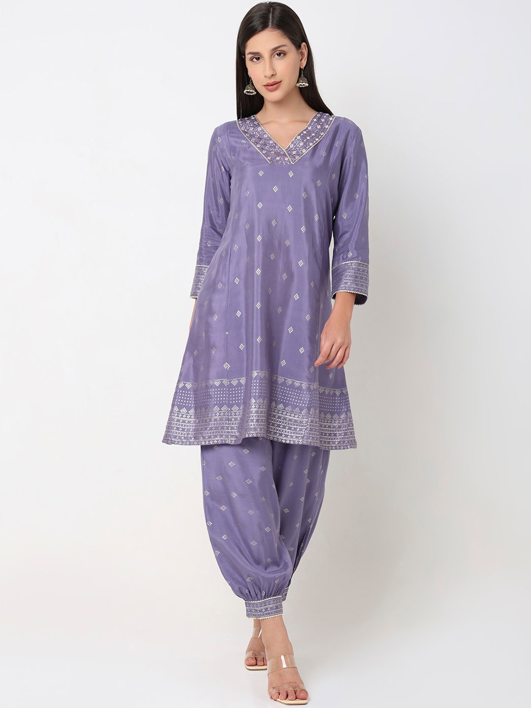 

Ethnicity Printed Regular Mirror Work V-Neck A-Line Kurta With Salwar, Purple