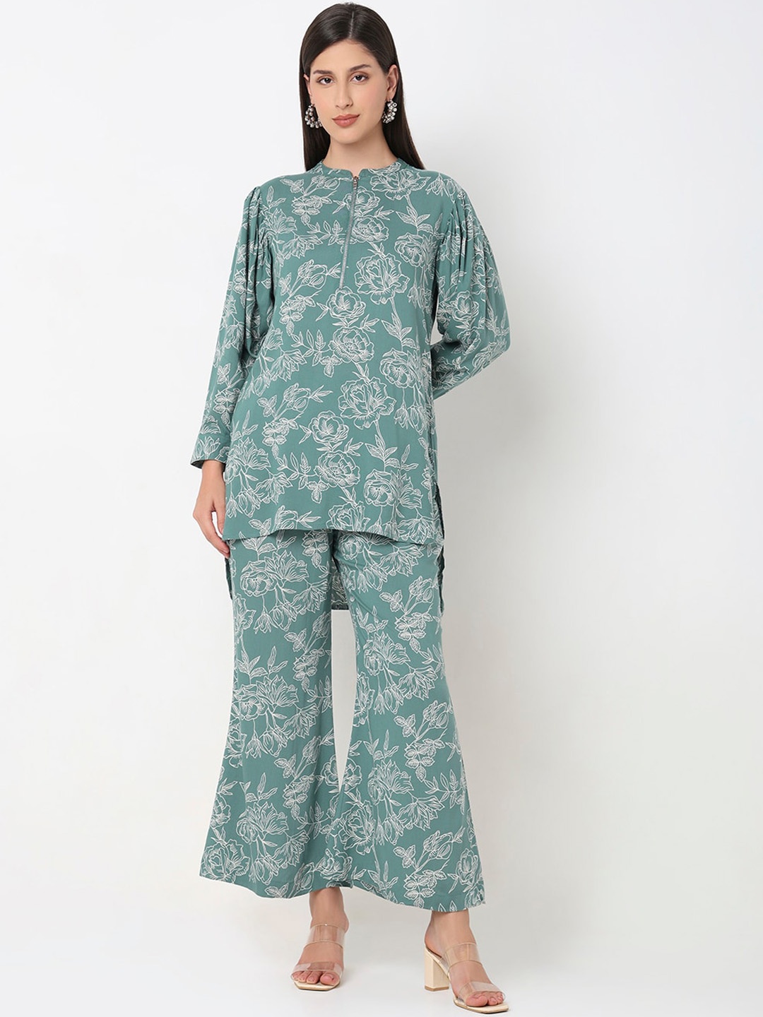 

Ethnicity Printed Mandarin Collar Three-Quarter Sleeves Tunic with Trouser, Green